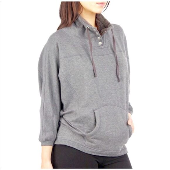 ALO Yoga Bamboo Dolman Shearling Snap Neck Curved Hem Sweatshirt medium - Picture 1 of 8